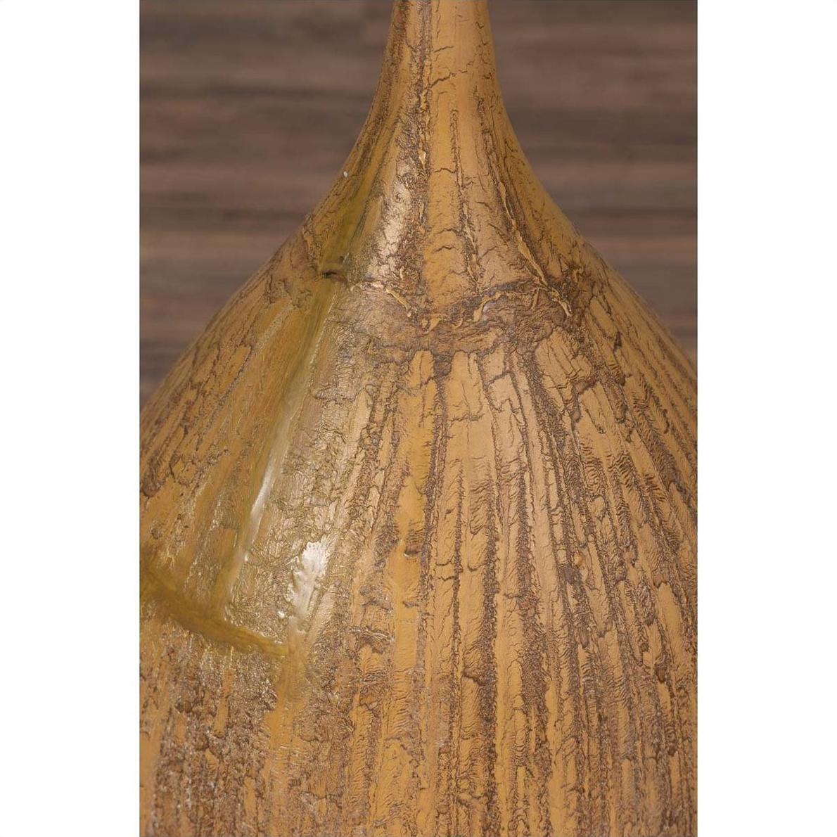 Close-up of mustard ceramic vase with vertical texture and tapered spout, handmade in Thai style.