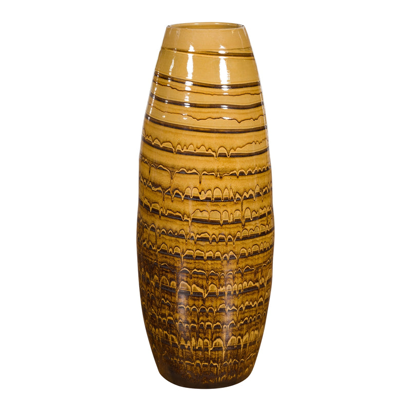 Prem Collection Thai Artisan Yellow and Brown Ceramic Vase with Spiraling Décor-YN4156-1. Asian & Chinese Furniture, Art, Antiques, Vintage Home Décor for sale at FEA Home