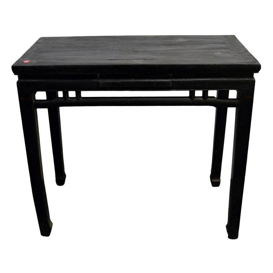 Dark stained wood altar table with straight legs and open friezes, displayed against a white background.