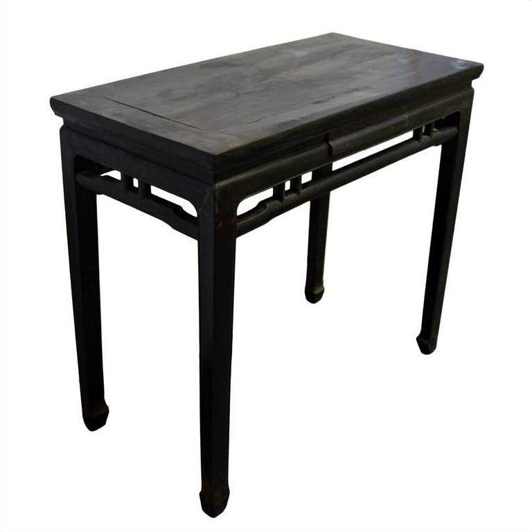 Dark stained wood Chinese altar table with rectangular top and straight legs, antique design, studio background.