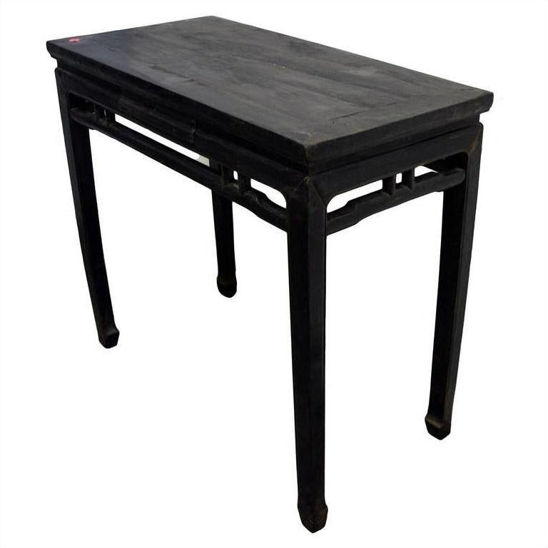 Dark wood altar table with straight legs and minimal decoration, Chinese antique-inspired design, front view.