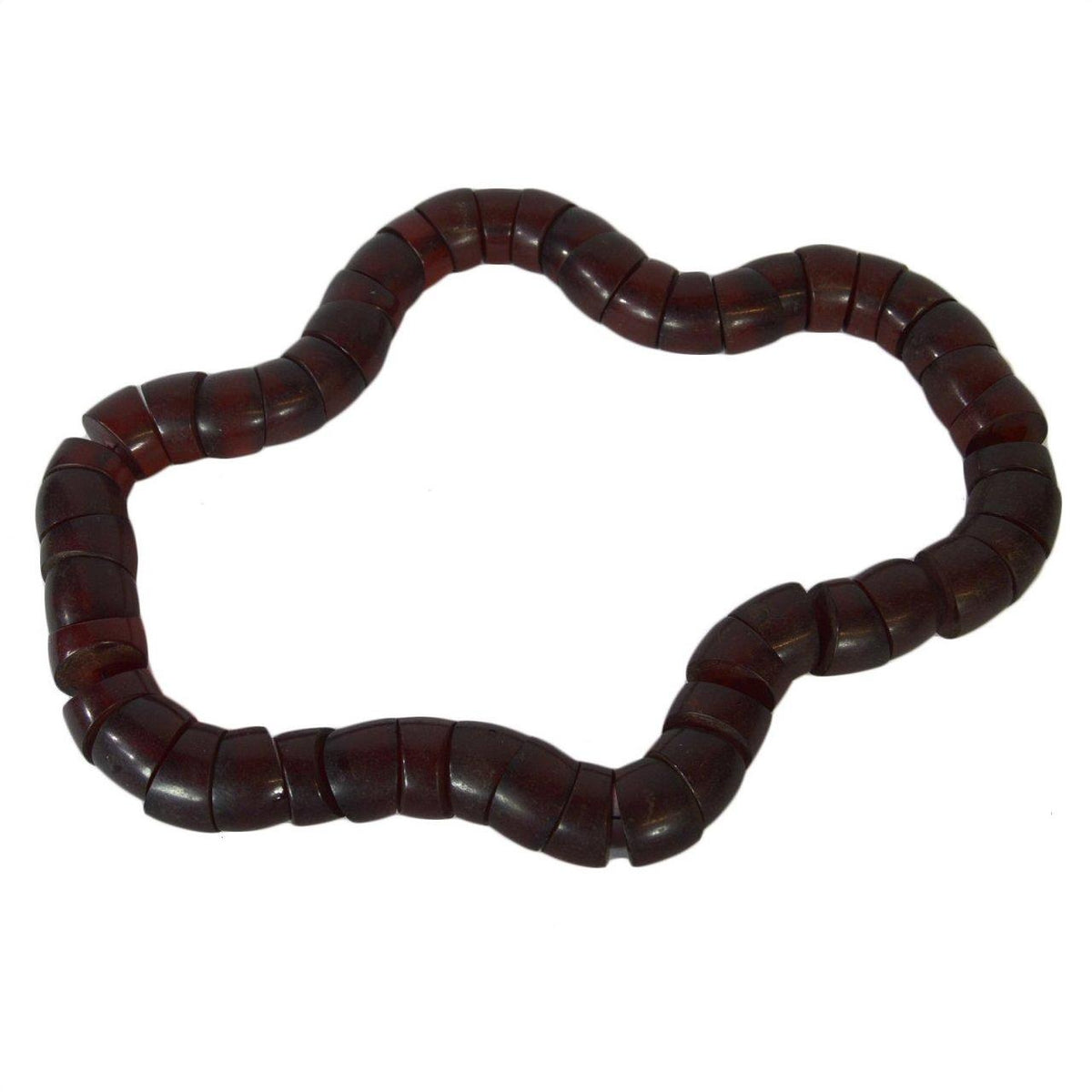 Close-up of a segmented, bendable Dragon Blood Amber necklace on a white background.