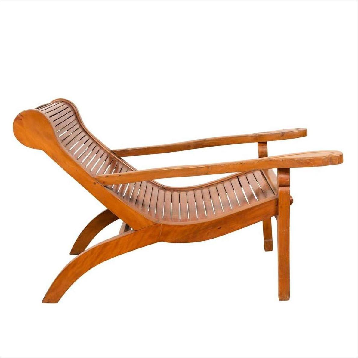 Brown wood lounge chair with curved seat and slatted design, side view on a white background.