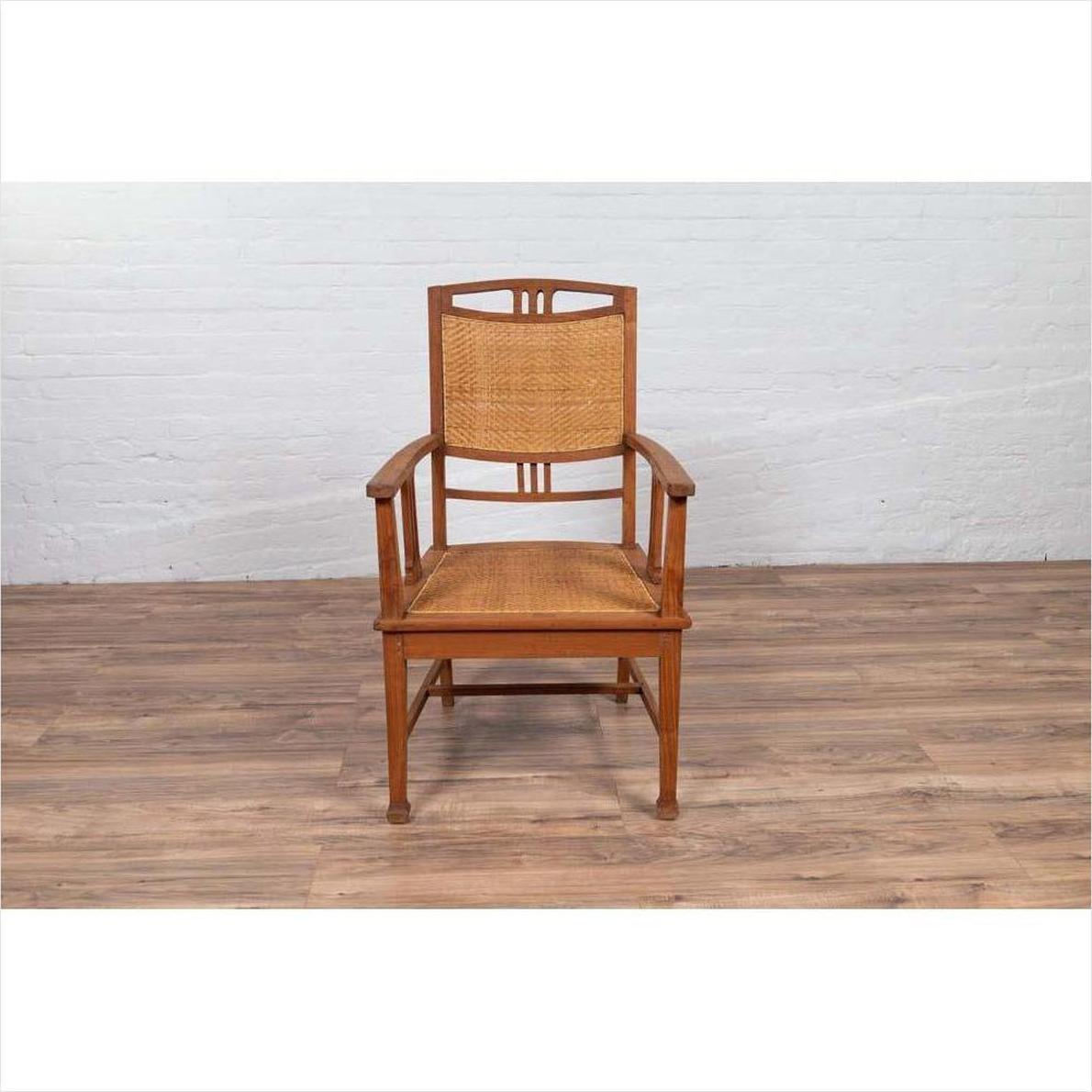Dutch Colonial Javanese Teak Armchair with Rattan and Triglyph Inspired Motifs-11. Asian &amp; Chinese Furniture, Art, Antiques, Vintage Home Décor for sale at FEA Home