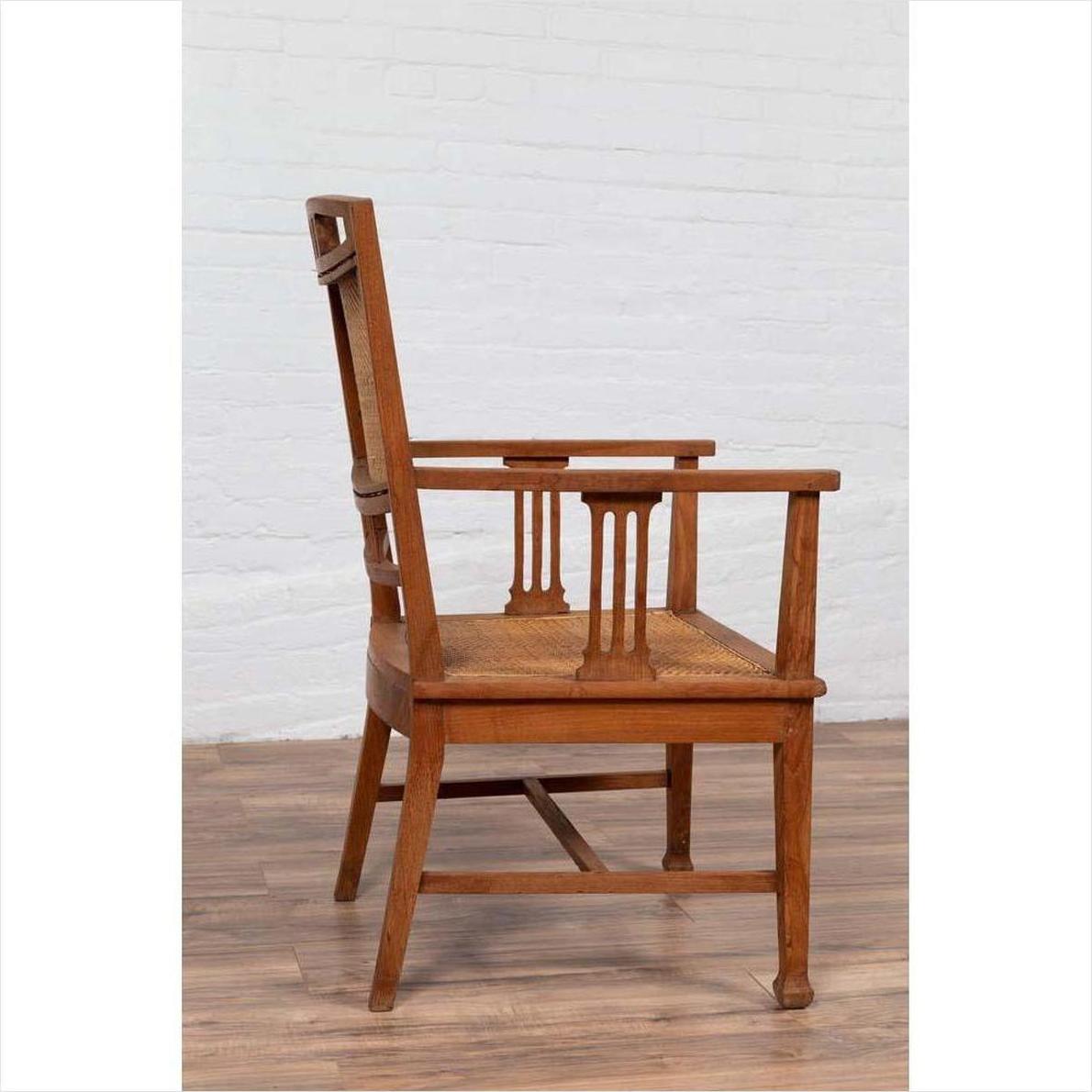 Dutch Colonial Javanese Teak Armchair with Rattan and Triglyph Inspired Motifs-12. Asian &amp; Chinese Furniture, Art, Antiques, Vintage Home Décor for sale at FEA Home
