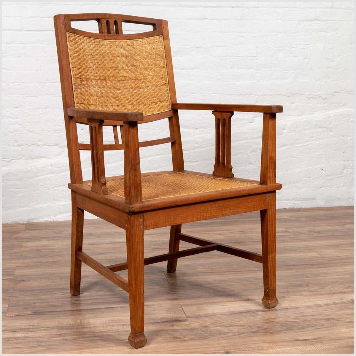 Dutch Colonial Javanese Teak Armchair with Rattan and Triglyph Inspired Motifs-2. Asian & Chinese Furniture, Art, Antiques, Vintage Home Décor for sale at FEA Home