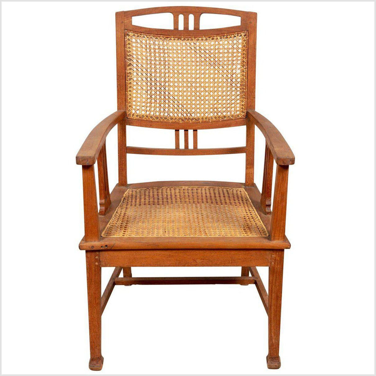Dutch Colonial Javanese Teak Armchair with Rattan and Triglyph Inspired Motifs-1. Asian & Chinese Furniture, Art, Antiques, Vintage Home Décor for sale at FEA Home