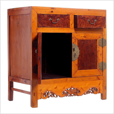 Early 20th Century Chinese Cabinet Made of Elm and Burl Wood with Carved Skirt