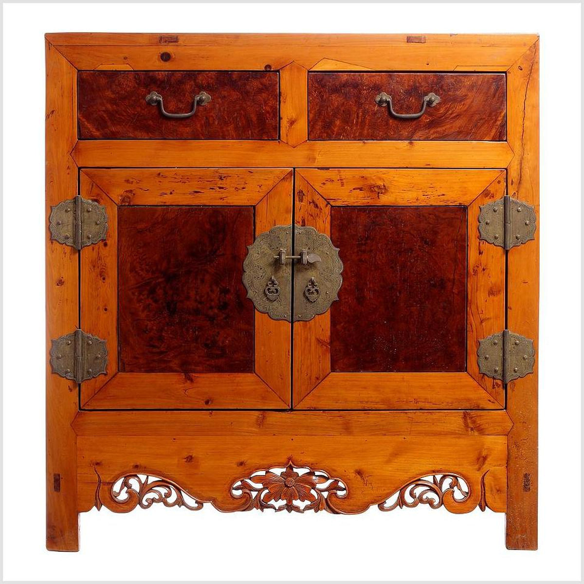 Early 20th Century Chinese Cabinet Made of Elm and Burl Wood with Carved Skirt-1. Asian & Chinese Furniture, Art, Antiques, Vintage Home Décor for sale at FEA Home