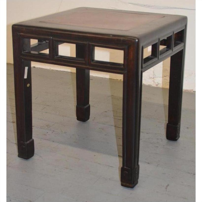 Dark wood Elmwood stool with sturdy legs and burlwood inlay accents visible beneath the seat.