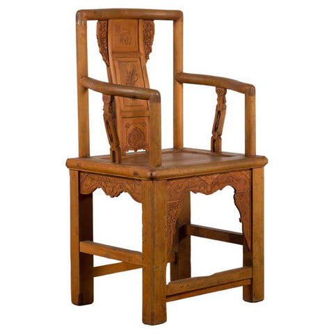 Chinese 19th Century Qing Dynasty Elm Armchair with Carved Traditional Motifs- Asian Antiques, Vintage Home Decor & Chinese Furniture - FEA Home