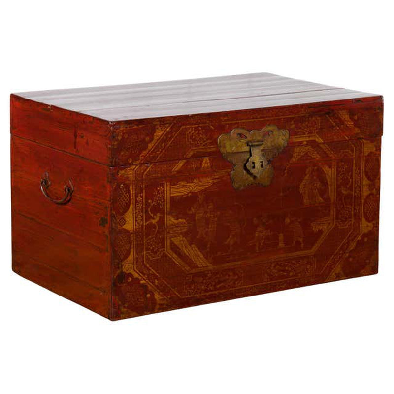 Chinese Red Lacquered Trunk with Butterfly Hardware and Court Scenes- Asian Antiques, Vintage Home Decor & Chinese Furniture - FEA Home
