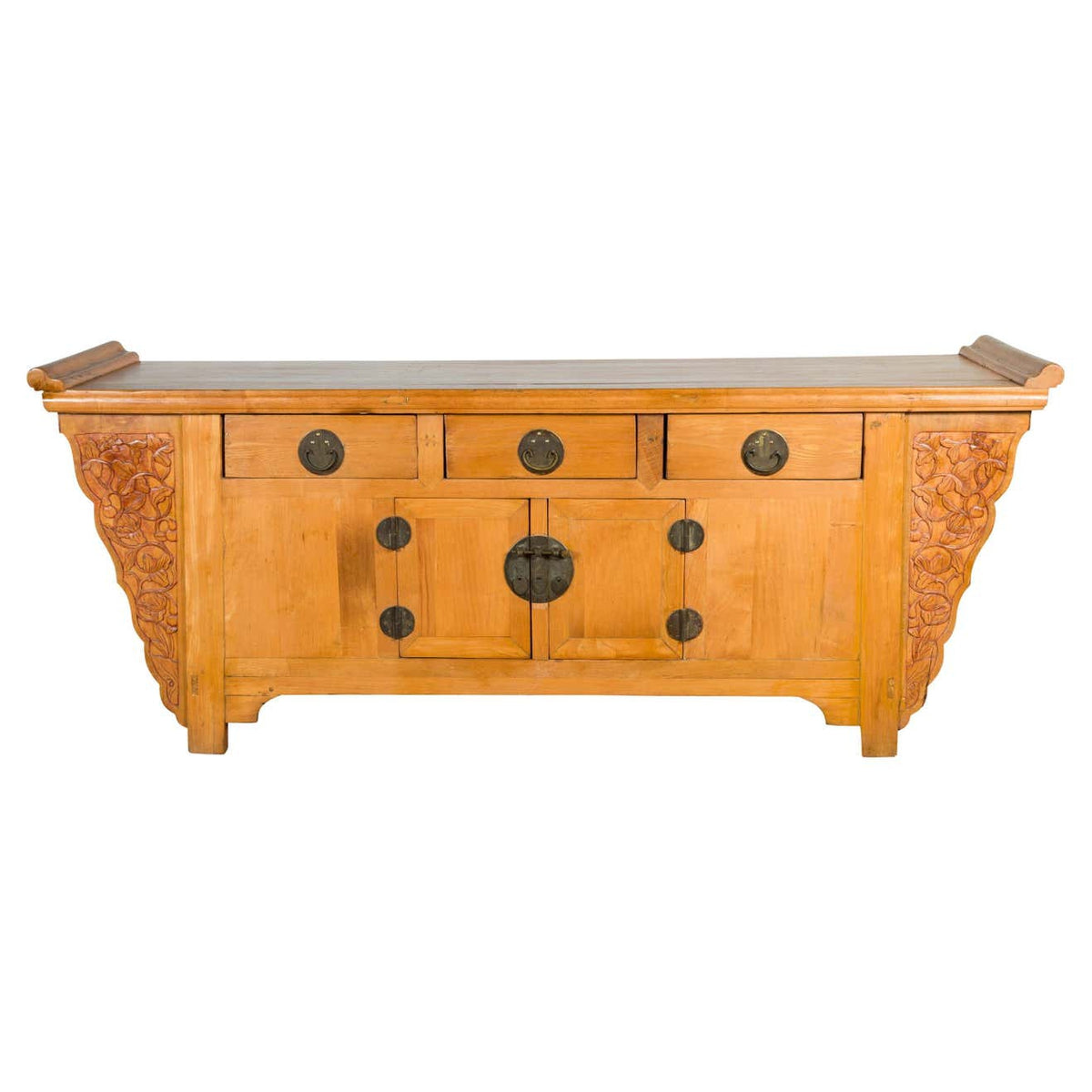 Qing Dynasty 19th Century Natural Wood Sideboard with Large Carved Spandrels-1. Asian & Chinese Furniture, Art, Antiques, Vintage Home Décor for sale at FEA Home