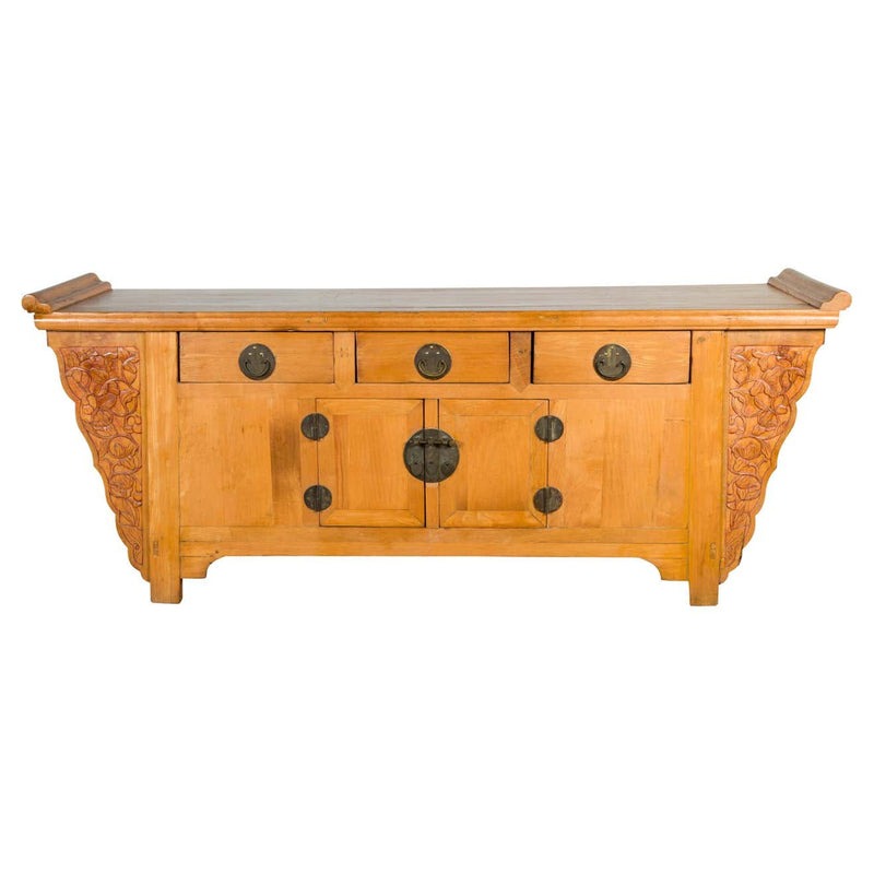 Qing Dynasty 19th Century Natural Wood Sideboard with Large Carved Spandrels-YN1895-1. Asian & Chinese Furniture, Art, Antiques, Vintage Home Décor for sale at FEA Home