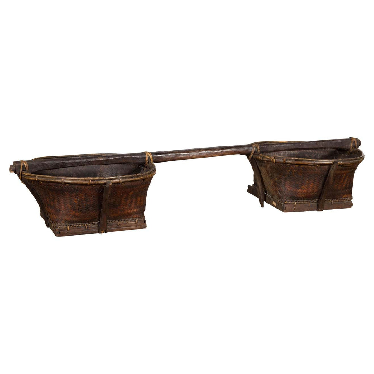 Early 20th Century Shoulder Rice Carrying Yoke with Bamboo and Rattan Baskets-1. Asian & Chinese Furniture, Art, Antiques, Vintage Home Décor for sale at FEA Home