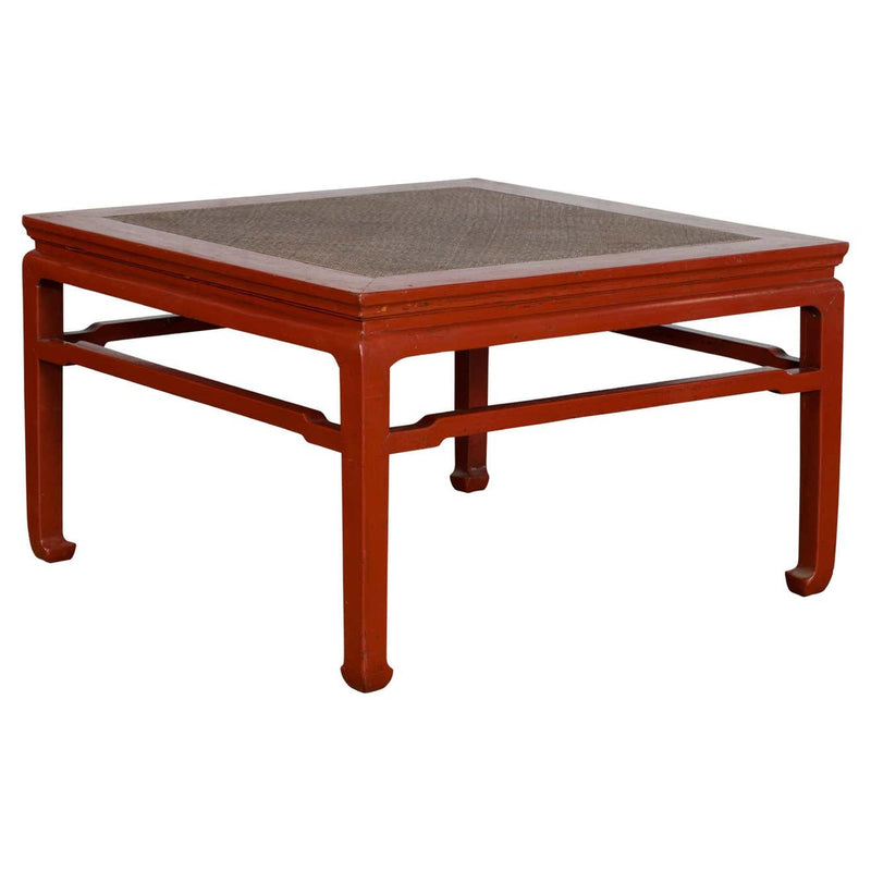 Chinese Early 20th Century Red Lacquer Coffee Table with Hand-Woven Rattan Top - Antique and Vintage Asian Furniture for Sale at FEA Home