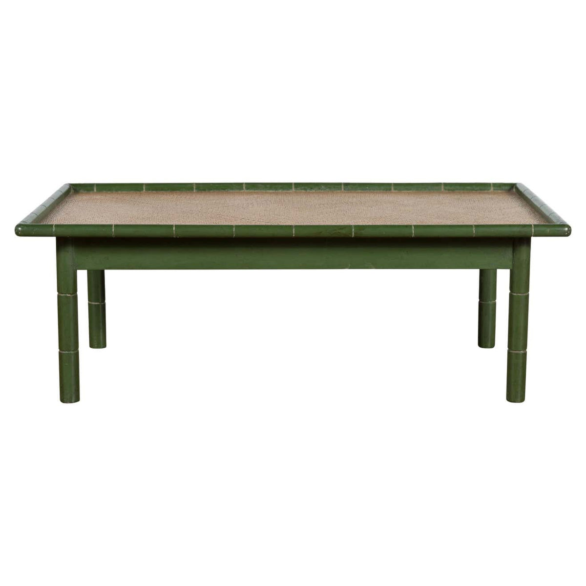 Vintage Thai Green Painted Faux Bamboo Coffee Table with Woven Rattan Top-1. Asian & Chinese Furniture, Art, Antiques, Vintage Home Décor for sale at FEA Home