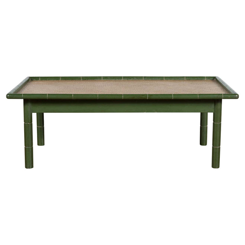 Vintage Thai Green Painted Faux Bamboo Coffee Table with Woven Rattan Top - Antique and Vintage Asian Furniture for Sale at FEA Home