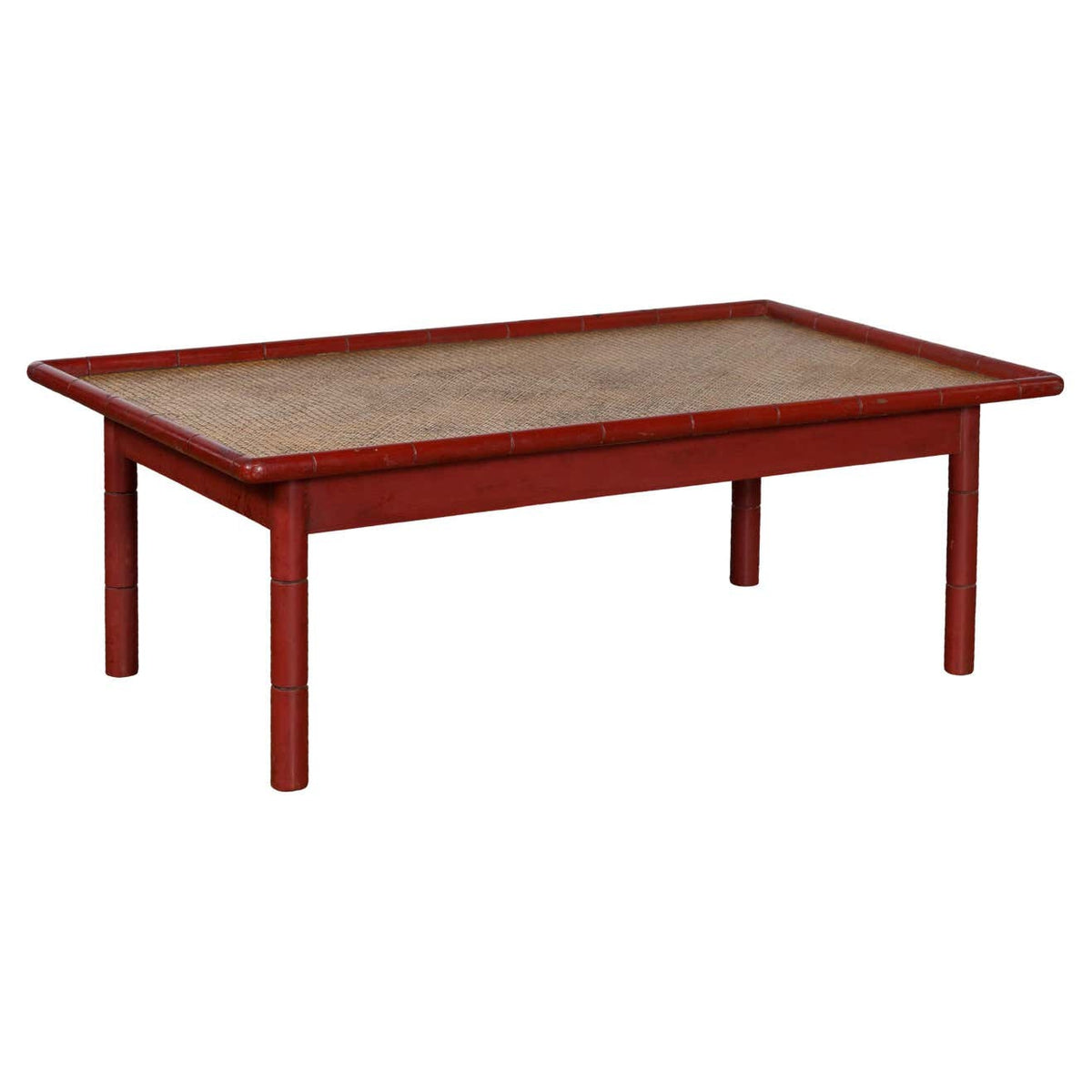 Vintage Burmese Red Lacquered Faux Bamboo Coffee Table with Woven Rattan Top-1. Asian & Chinese Furniture, Art, Antiques, Vintage Home Décor for sale at FEA Home