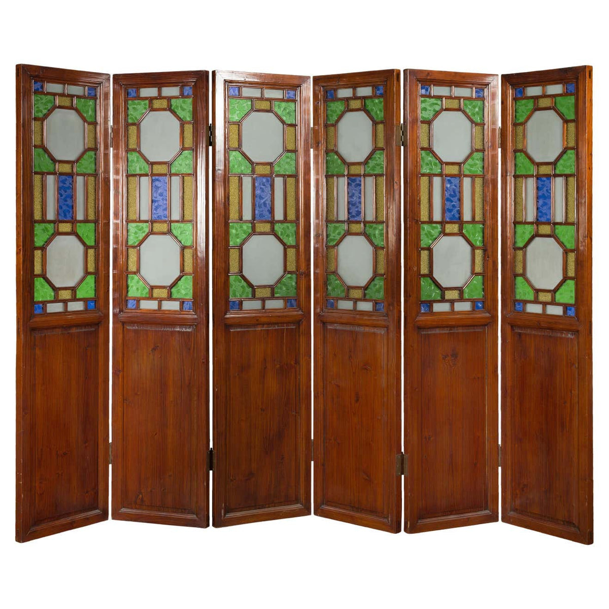 Chinese Antique Six-Panel Folding Screen with Stained Glass Geometric Motifs-1. Asian & Chinese Furniture, Art, Antiques, Vintage Home Décor for sale at FEA Home