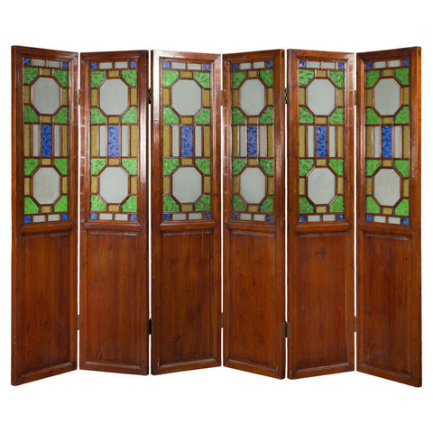 Chinese Antique Six-Panel Folding Screen with Stained Glass Geometric Motifs - Antique and Vintage Asian Furniture for Sale at FEA Home