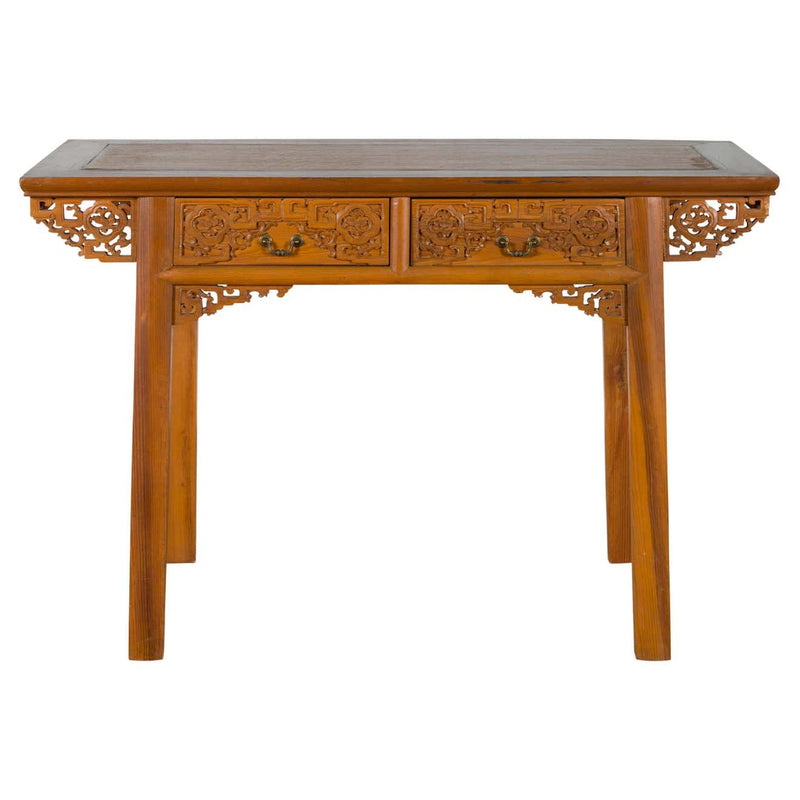 Chinese Qing Dynasty 19th Century Desk with Carved Frieze and Two Drawers-YN3394-1. Asian & Chinese Furniture, Art, Antiques, Vintage Home Décor for sale at FEA Home
