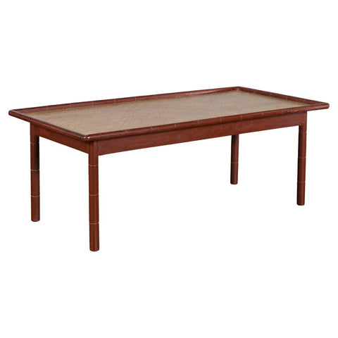 Vintage Thai Red Lacquered Faux Bamboo Coffee Table with Woven Rattan Top-1. Asian & Chinese Furniture, Art, Antiques, Vintage Home Décor for sale at FEA Home