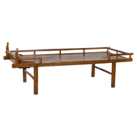 Chinese Qing Dynasty 19th Century Elm Daybed with Bamboo Seat and Guardian Lions