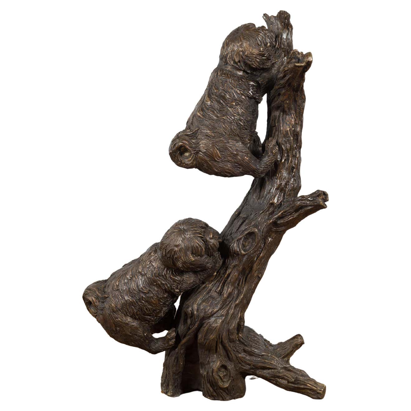 Contemporary Lost Wax Bronze Sculpted Group of Two Dogs Climbing Up a Tree-1. Asian & Chinese Furniture, Art, Antiques, Vintage Home Décor for sale at FEA Home