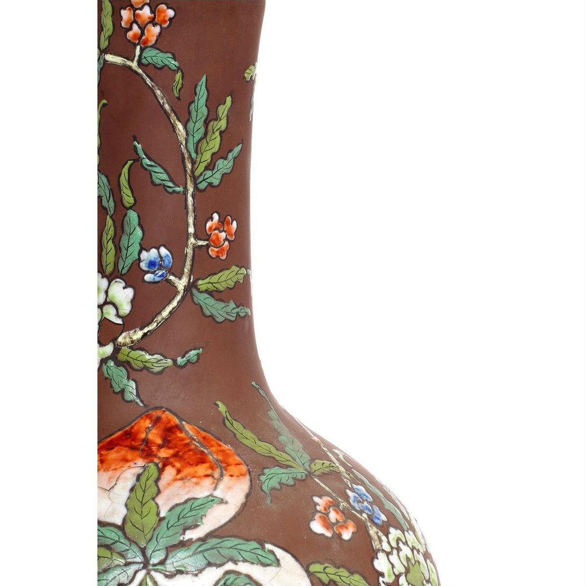 Close-up of white ceramic flower vase with colorful floral patterns and green leaves on a white background.
