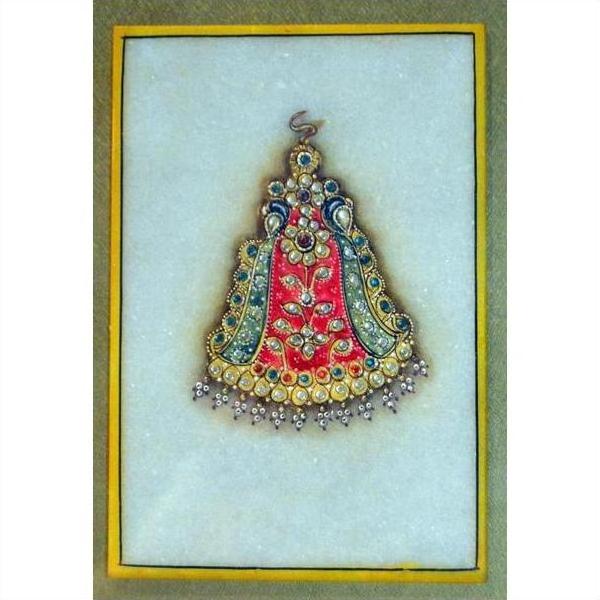 Framed Indian artwork with red, blue, and gold floral patterns and gemstones on white background.