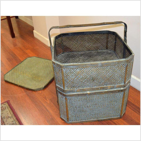 Green woven rattan basket/side table