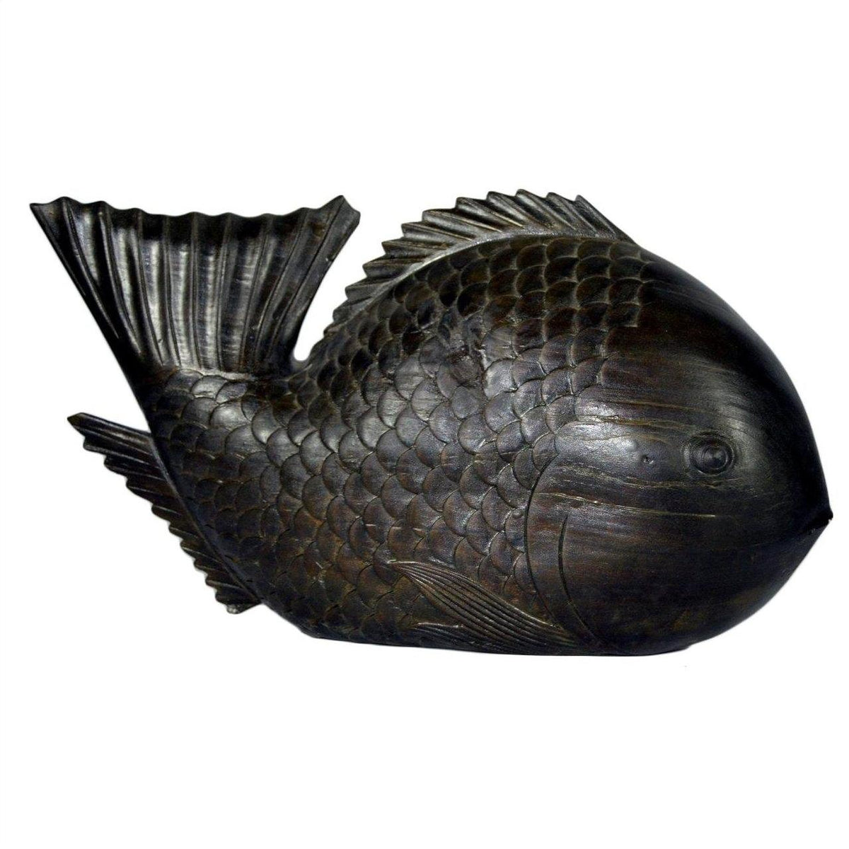 Dark wood hand-carved fish sculpture with detailed scales and fins, in good condition on white background.