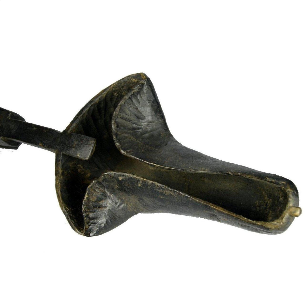 Brown wood hand-carved Indian Saringda lute with hollow body and rectangular handle, close-up.