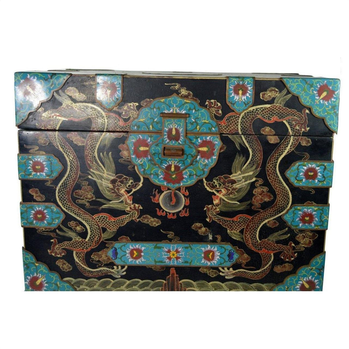 Black hand painted wooden dowry box with colorful dragon and floral designs, close-up of blue-gold detailing.