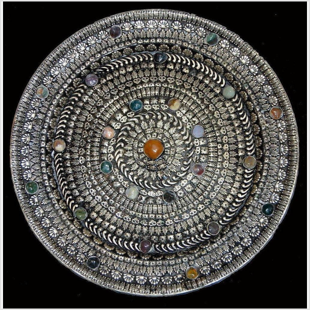 HAND TOOLED SILVER PLATED ORNATE CHARGER-1. Asian &amp; Chinese Furniture, Art, Antiques, Vintage Home Décor for sale at FEA Home