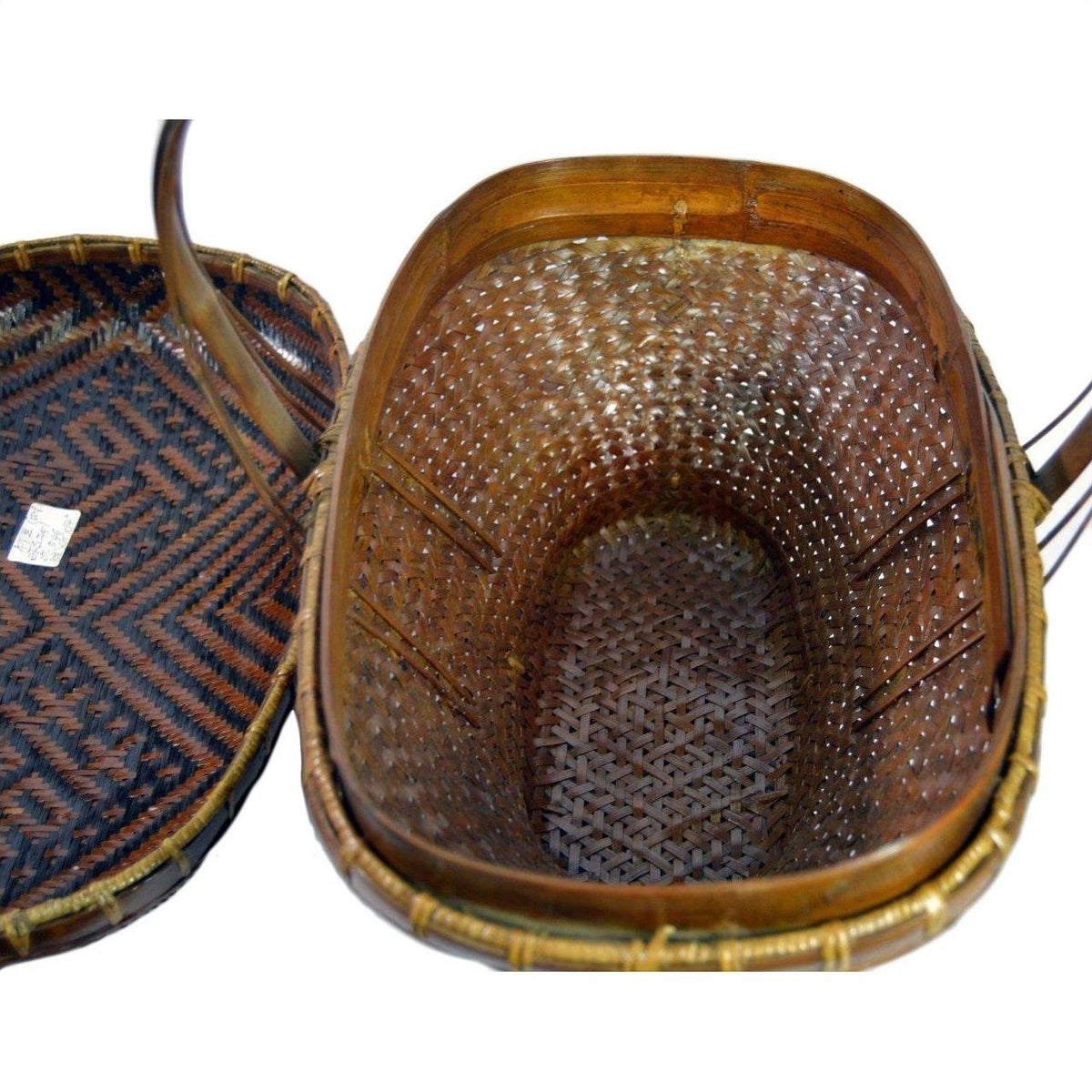 Brown rattan basket with handle and matching geometric-patterned lid shown together, both in very good condition.