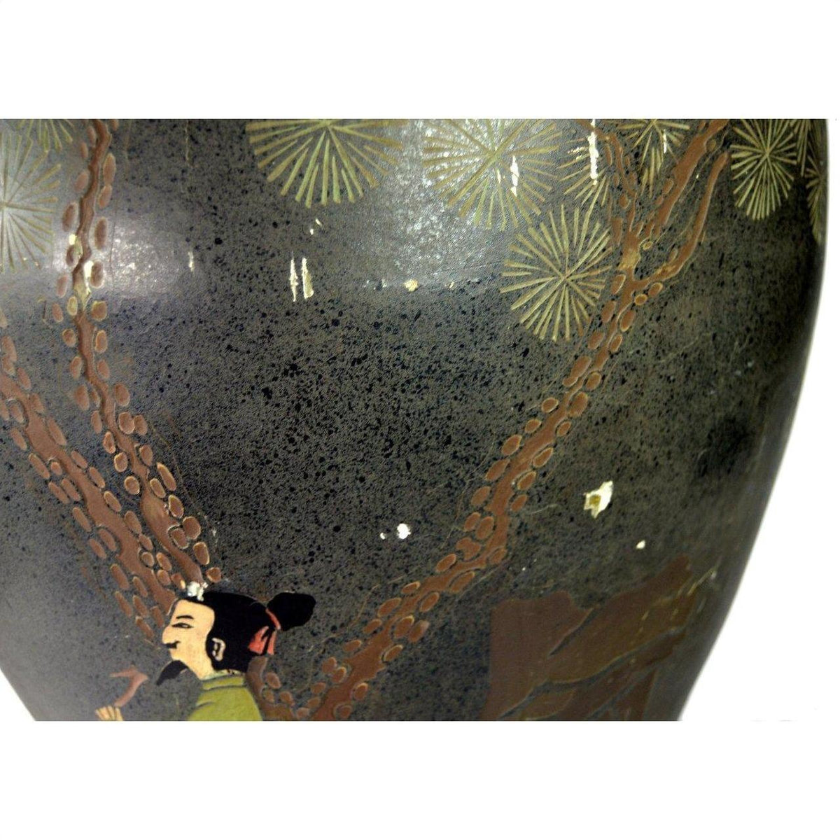 Close-up of a multicolor ceramic Hong Kong hand painted vase with cracquelure, tree, leaves, and person smoking pipe.
