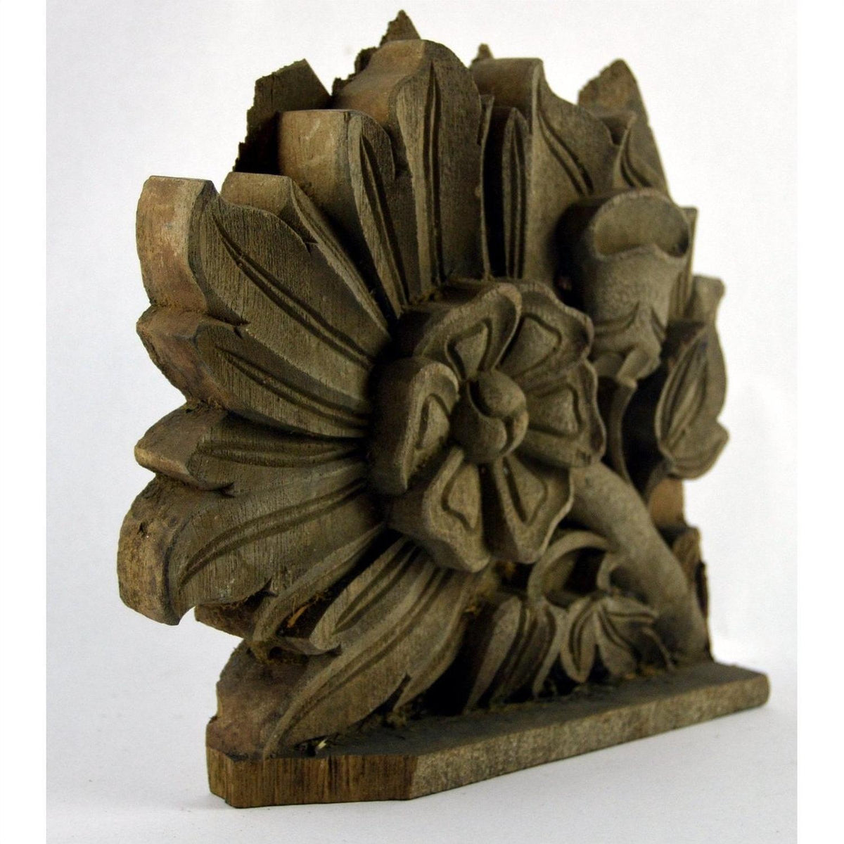 Brown wood hand-carved temple plaque with large floral and leaf designs, close-up view, 9.5 x 8.5 x 1 inches.