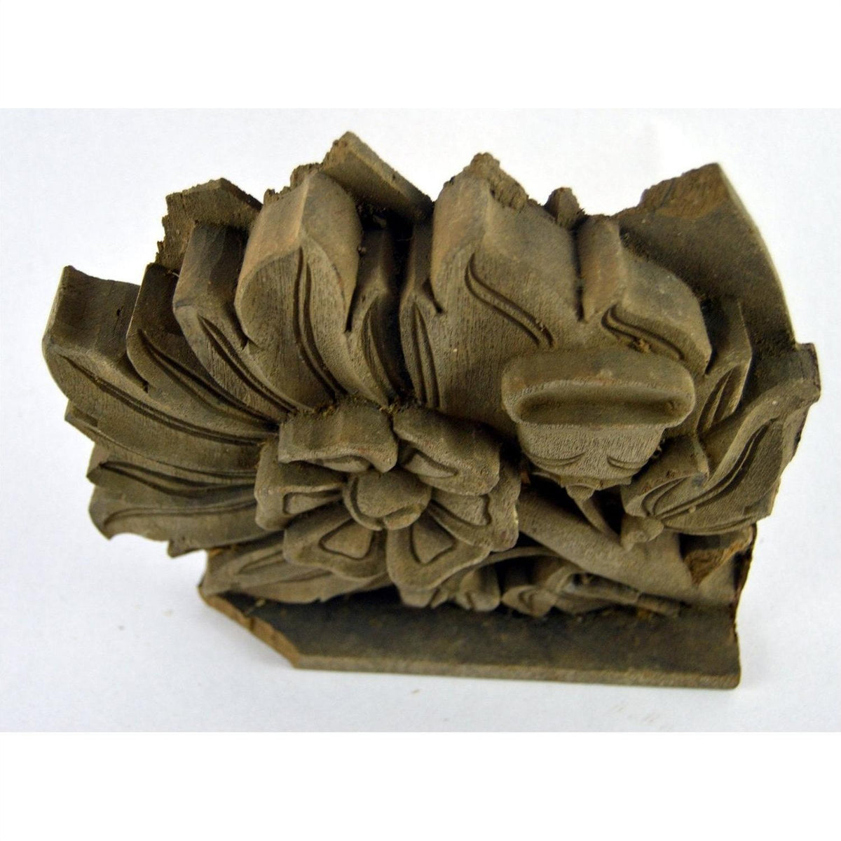Brown wood hand-carved temple plaque with floral pattern, 9.5"x8.5"x1", shown against plain background.