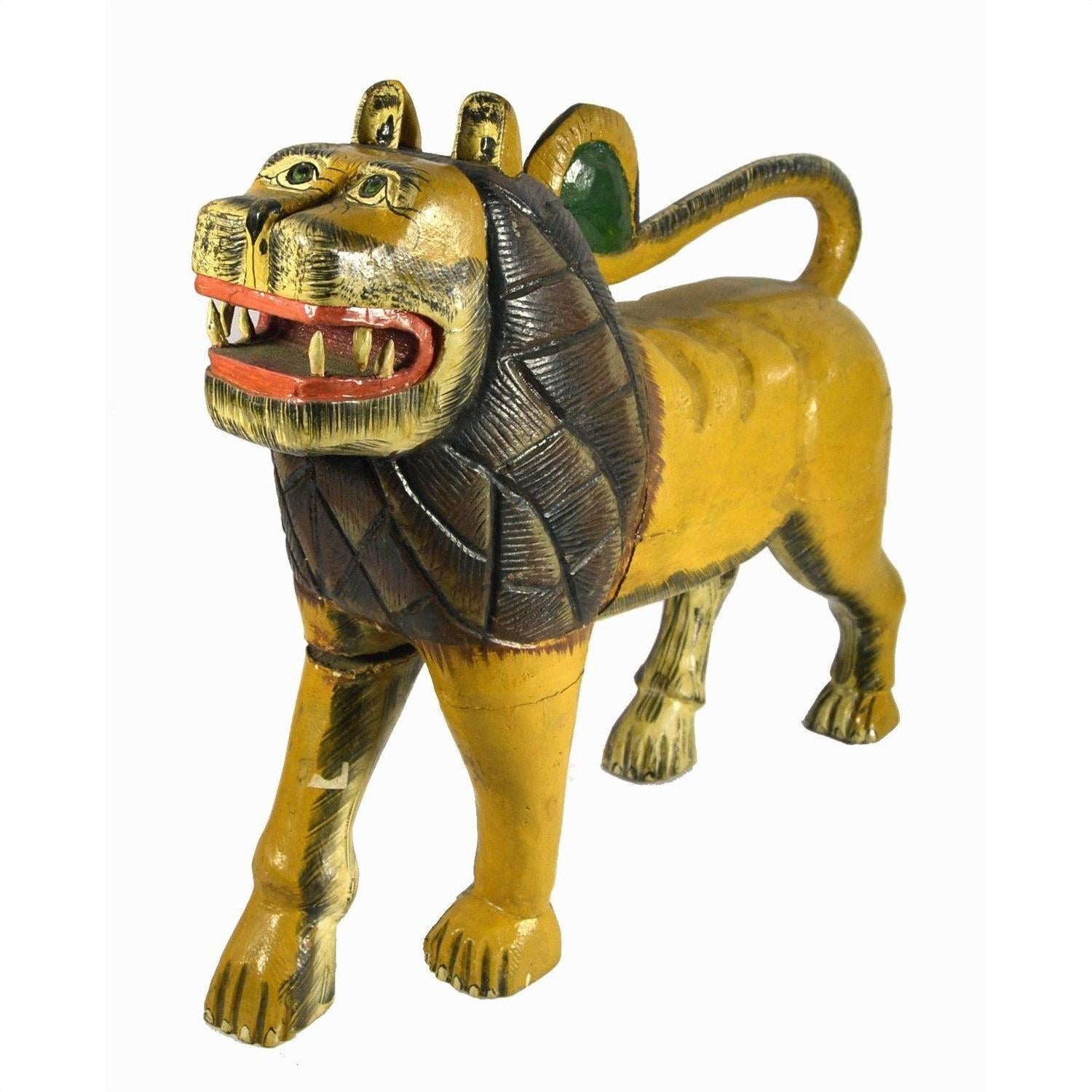 Brown hand-carved wooden lion with stylized mane and open mouth showing teeth, close-up.