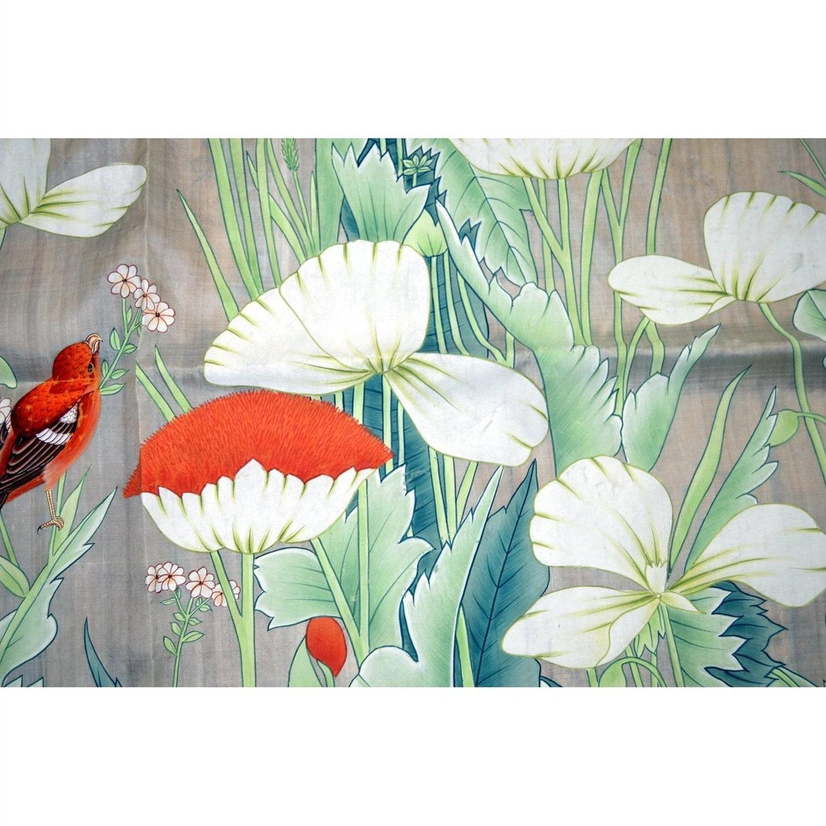 Red silk tapestry with bright red bird, poppies, and green leaves, patterned background, 46x35 inches, slight paint loss.