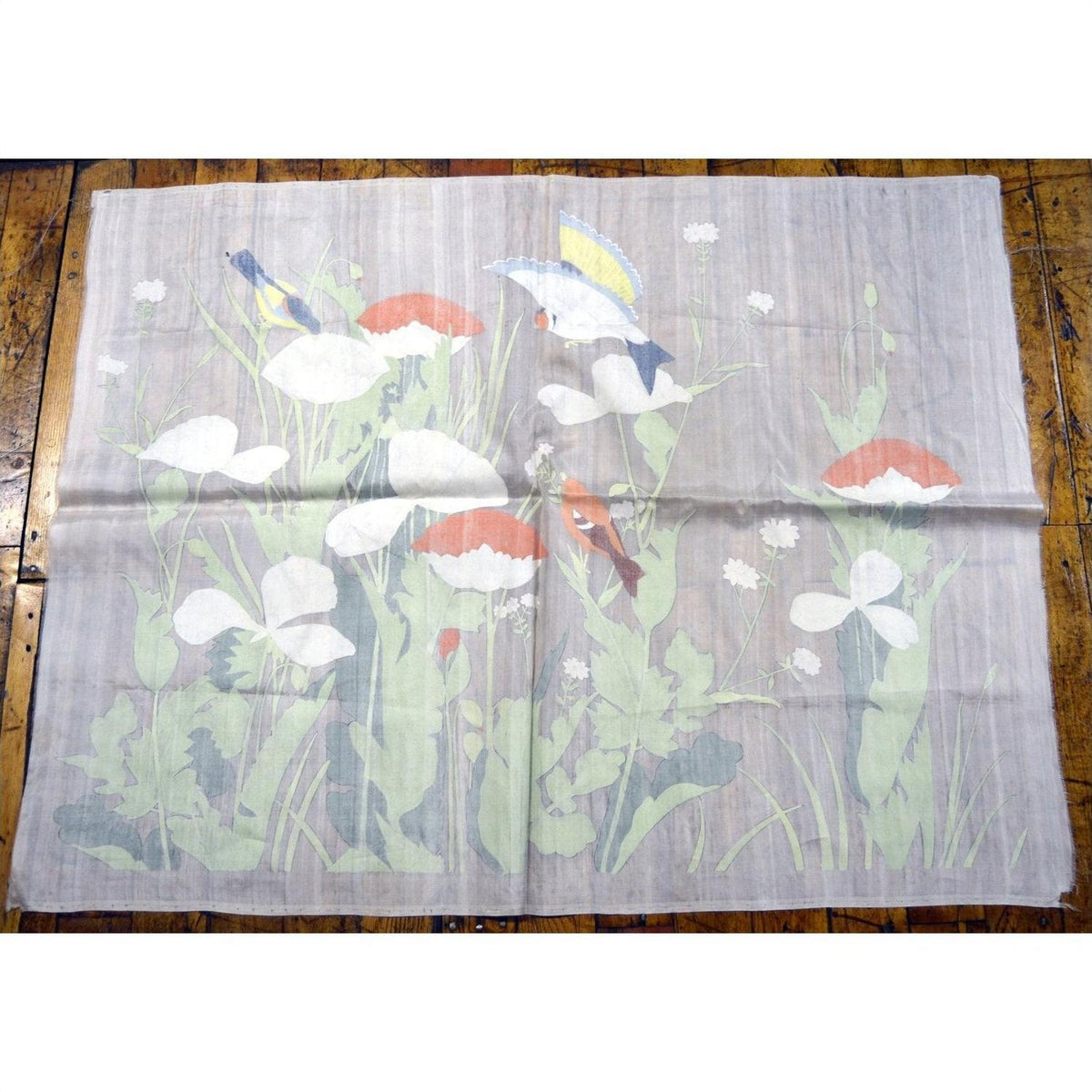 Sheer silk tapestry with white and red flowers, green leaves, and birds, 46"x35", some light paint loss visible.