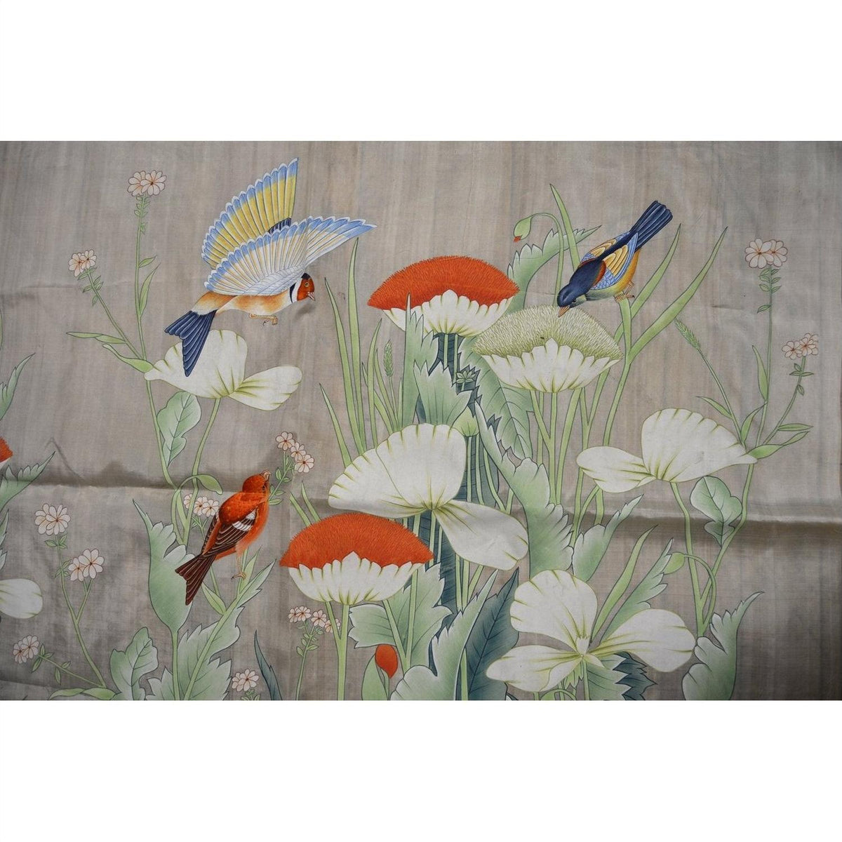Colorful birds on white and orange flowers with green stems, India silk tapestry, 46x35 inches, used condition.