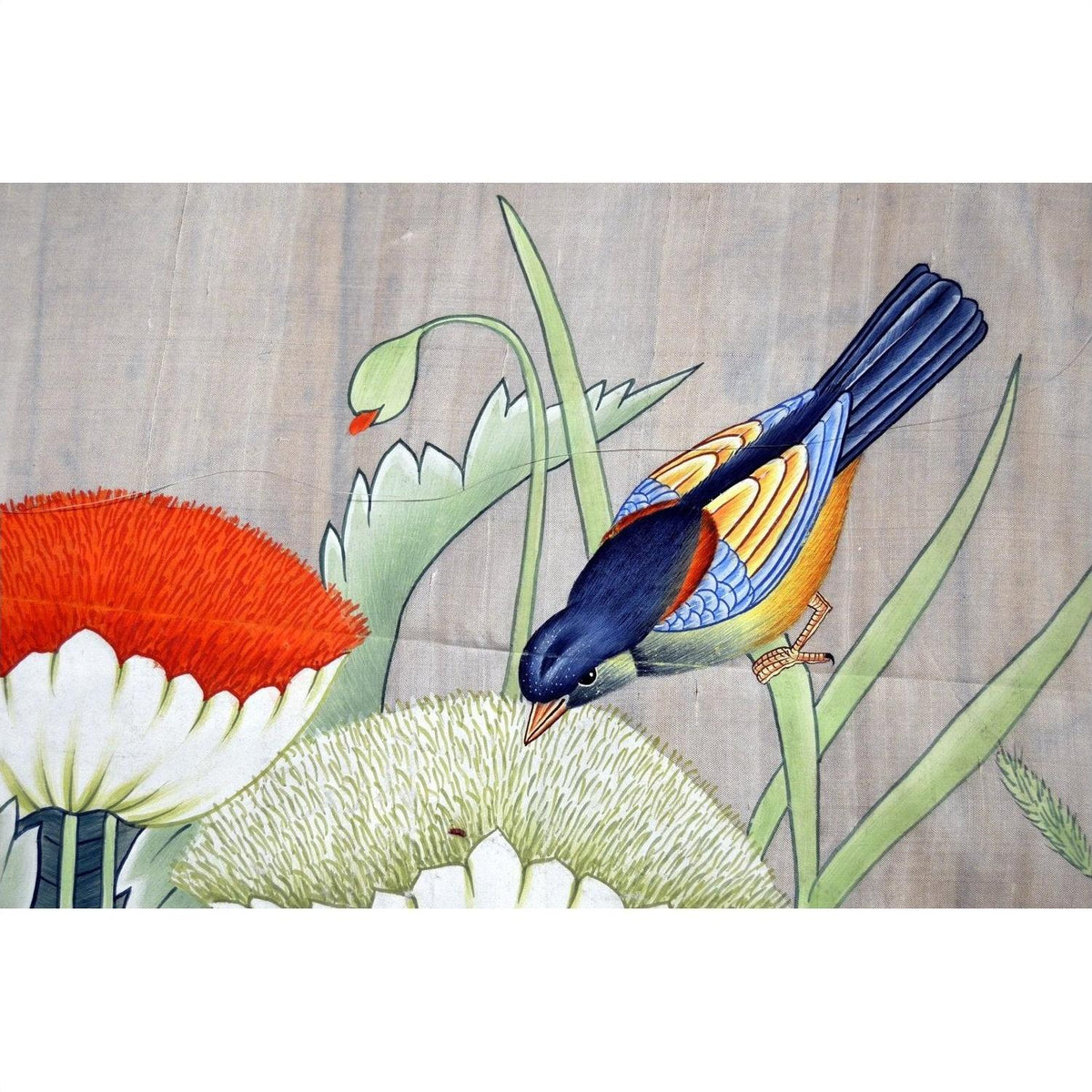 Blue and yellow bird on flowers and green leaves, India silk tapestry, 46x35 inches.