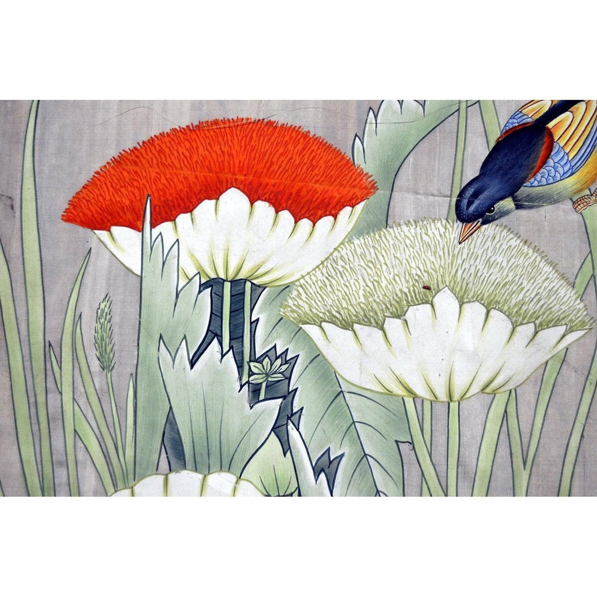 Colorful silk tapestry with bird, red and white flowers, green leaves; 46"x35"; used condition.