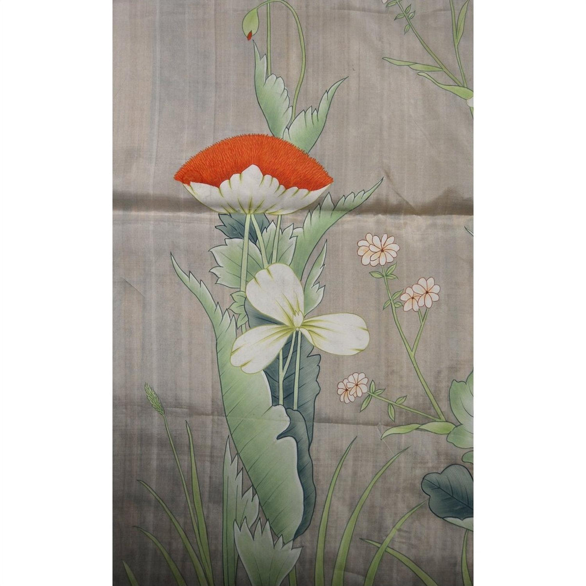 Red and white flower silk tapestry with green leaves on light textured background, used condition.