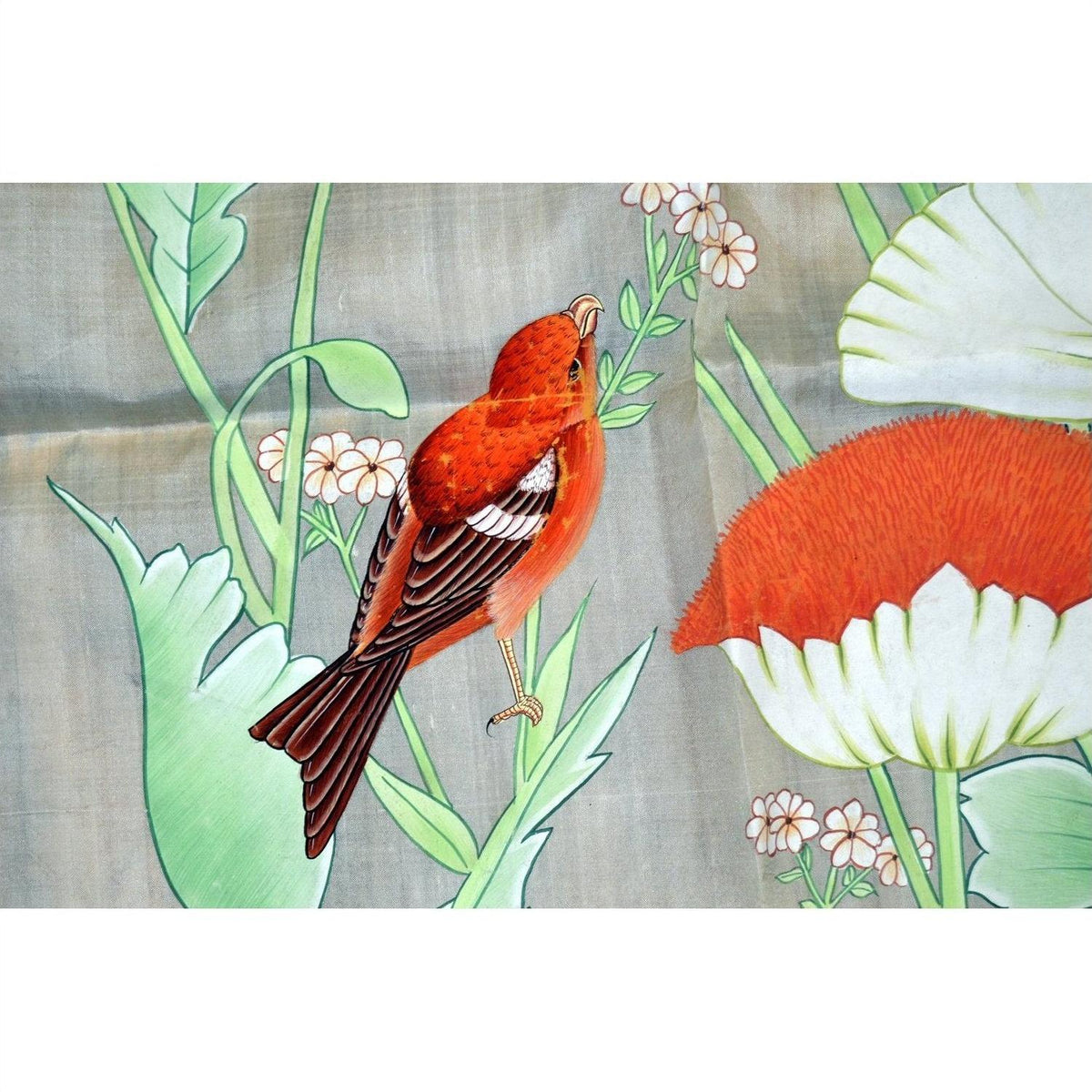 Red silk tapestry with red bird and brown wings on green leaf, surrounded by blooms, light paint loss visible.