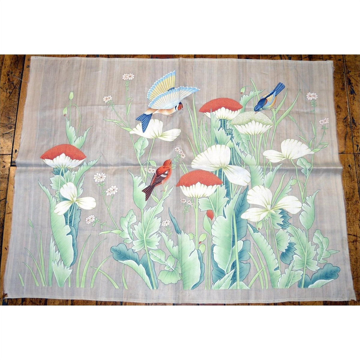 Pale silk tapestry with birds, red and white flowers, and green leaves, used, 46"x35", India.
