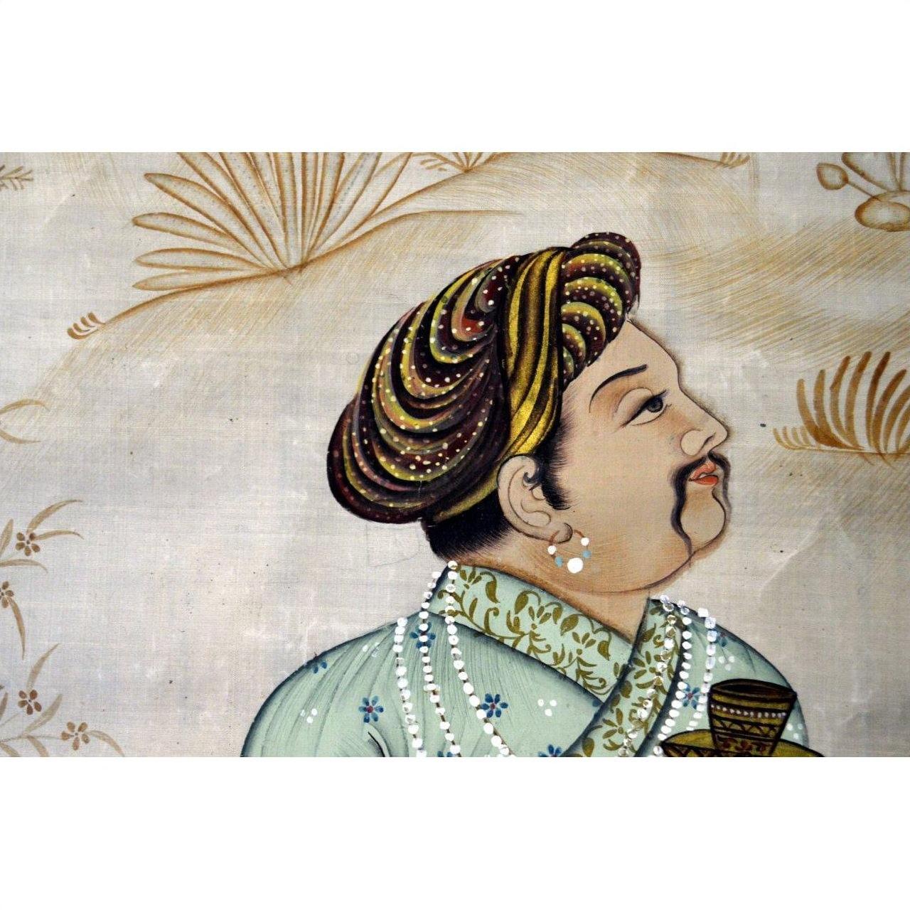 Multicolor silk tapestry showing a regal man in turban and jewelry on detailed floral background, very good condition.